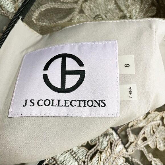 NWT JS Collections Size 8 Lace Embroidered Sheath Dress Taupe Illusion Overlay - Picture 11 of 14